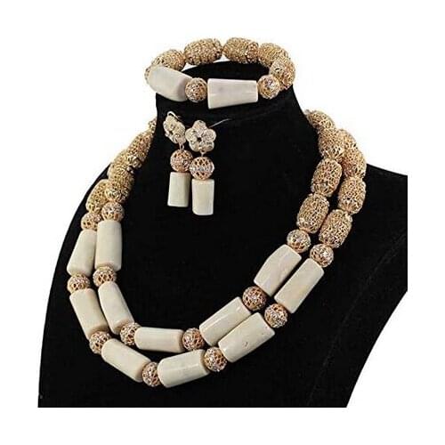 Luxury White Coral 2 Layers African Beads Jewelry Set Dubai Gold Accessory Natural Coral Nigerian Women Wedding Gift