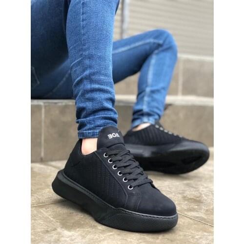 BA0162 Laced Model Stitched High Base Black Sports Shoes
