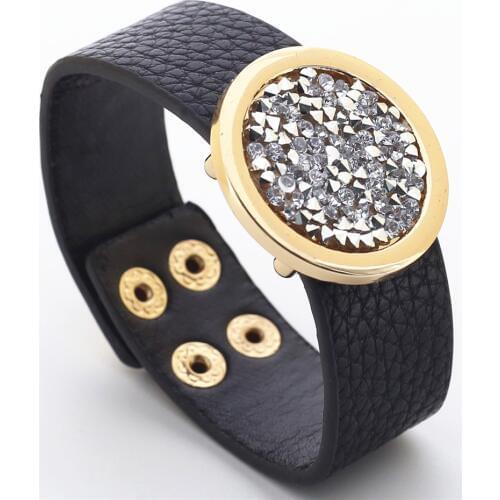 Rhinestone Black Big Round Circle Handmade Khaki Leather Bracelets Women Fashion Girl Bangle Female Jewelry New Hot Style