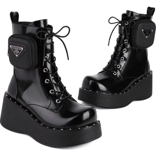 Womens Belt Pockets Platform Ankle Boots Wedge High Heel Shoes Punk Warm Winter Gothic Motorcycle Lace Up Plus Size NEW