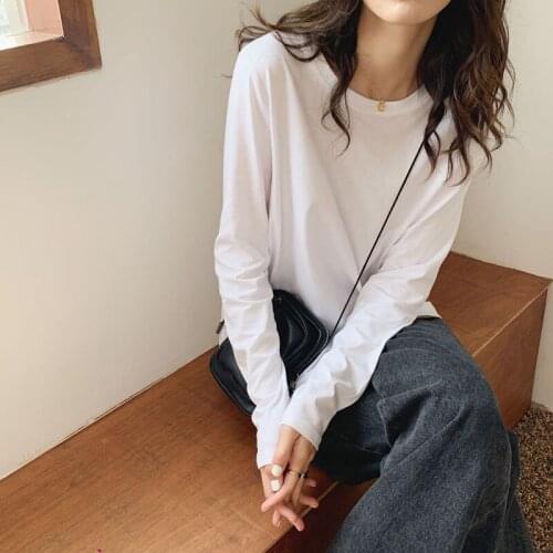 Woman Tshirts Cotton White T-shirt Long Sleeve Womens Loose round Neck Spring and Autumn Tops Mujer Camisetas