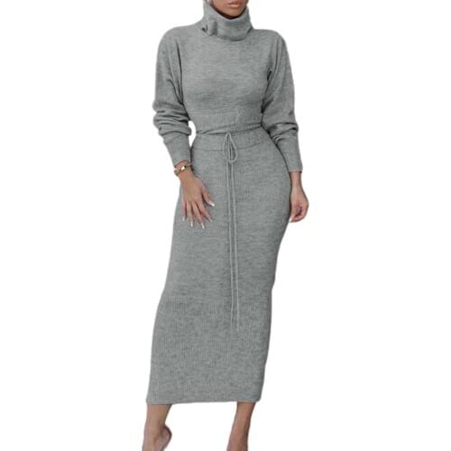 Women Autumn Winter Sweater Pullover Long Sleeve Turtleneck Maxi Bodycon Skirt Two Piece Set Women Outfit Knit Sweater Dress Set