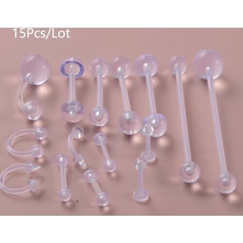 15Pcs Mixed Bioplast Flexible PTFE Belly Ring Earring Lip Ring Horseshoe Tongue Barbell Nipple Bar Fashion Body Piercing Jewelry