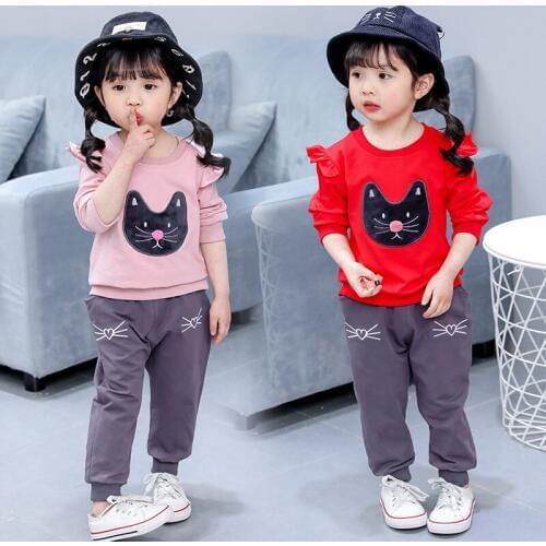 2020 Spring Fall Baby Clothing Set Little Kids Cute Cartoon Cat Clothes Suit 0-1-2-3 Years Old Girls Ruffles Sweater Suit X144