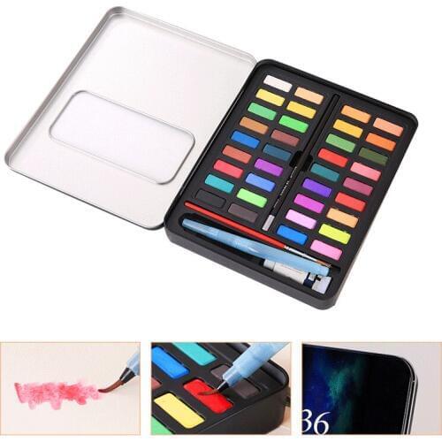 36 colores/set iron box solid body watercolor paint pigment set of Non-toxic can washable watercolor paper paintbrush 8 piece