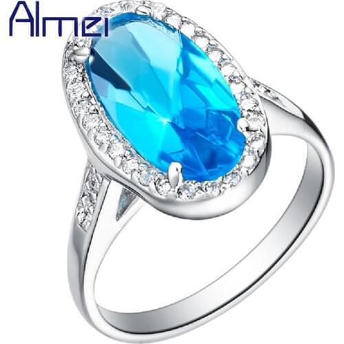 Almei Rings for Women Silver Jewelry CZ Zircon Bijoux Anel Feminino Bijouterie Ring Blue Stones Feminine Vintage Jewellery J072