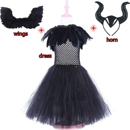 Kids Black Devil Costume Girls Happy Purim Birthday PartyTutu Dress Headgear Wings Evil Queen Xmas Sets Maleficent Anime Cosplay