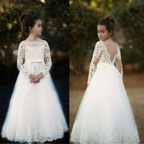 White Lace Sheer Neck Flower Girl Dresses With Crystal Sash Children Party Gowns Big Bow Pageant Kids Wedding Wear