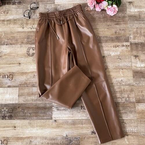 Europe Style Women High Quality Genuine Ninth pants Hot fashion Sheepskin Real leather Straight pant C665