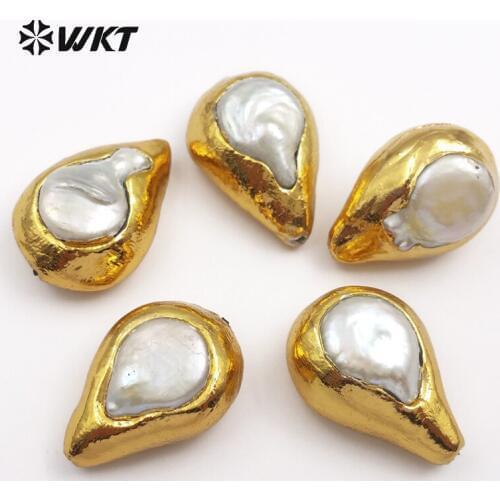 JF289 WKT Fashion Design Angel Tear Shape Beads Natural Freshwater drop Pearl With Gold Trim Beads Jewelry Finding Accessories