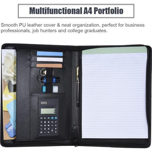 Multifunctional Professional Business Portfolio Padfolio Folder Document Case Organizer A4 PU Leather Zippered Closure