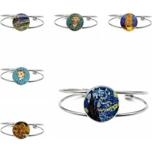 2021 New Van Goghs Oil Painting Glass Tibetan Silver Open Bracelet for Men and Women Charm Popular Jewelry Bracelet