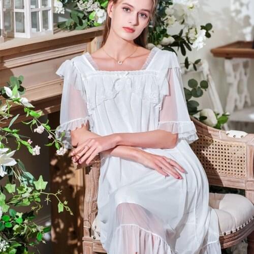 Autumn Half Sleeve Womens Long Nightgowns Lace Delicate Lace Trim Girls Lace Modal Thin Vintage Princess Sleepwear