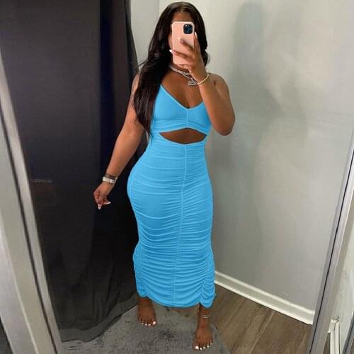 One Ruched Waist Cut Spaghetti Strap Backless Sexy Summer Long Dress Women Sleeveless Body-shaping Vestidos Female Slim Dresses