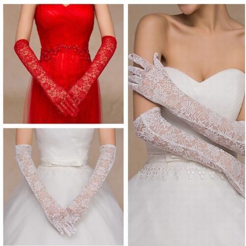 Pink Gloves Ladies Cheap Wedding Gloves Long Bridal Glove Sheer White Lace Gloves Finger for Bride Accessoire Elbow Length