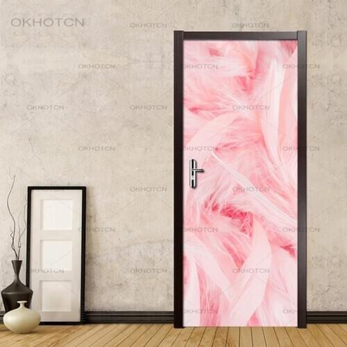 3D PVC Waterproof Self-adhesive Door Sticker Home Decor Pink Feather Creative DIY Bedroom Door Decoration Wallpaper Murals