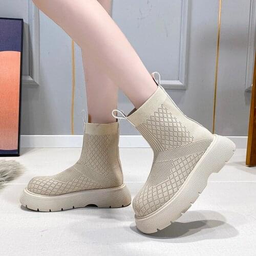 Knit Ankle Booties Boots Women 2021 Autumn New Low Heel Short Tube Boots Woman Fashion Round Toe Slip-On Mesh Shoes Female Boot