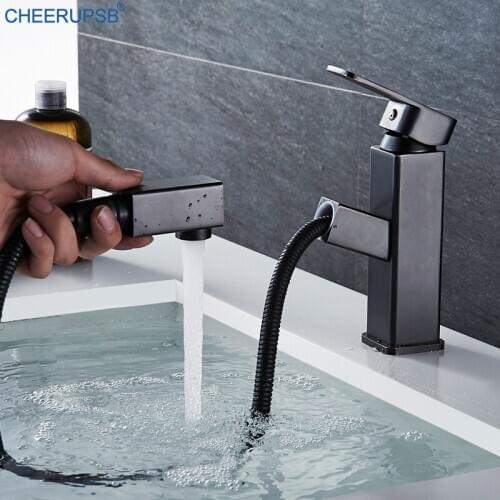 Pull Out Basin Faucet Bathroom Hot Cold Water Mixer Tap One Hole Deck Mounted Flexible Copper Faucets Modern Luxury Bronze Taps