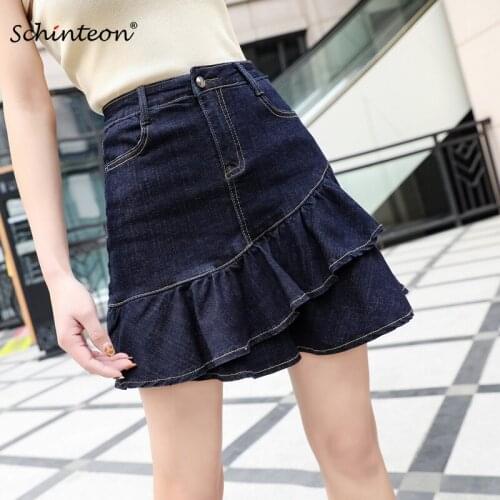 Schinteon Women Denim A-Lined Mini Skirt Jeans Ruffles Bodycon Skirt with Lining High Waist Plus Size S-9XL New Summer