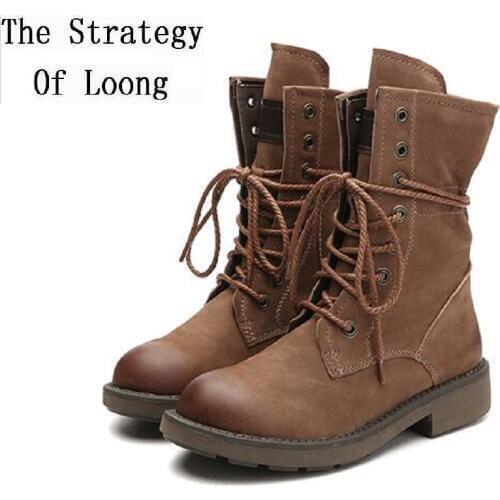 Women Tide Autumn Winter Europe United Genuine leather Mid-Calf Lace-up Riding Equestrian Low Hoof Heels Boots 20180909