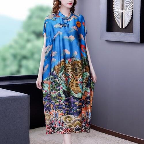 2021 Summer Loose Blue Print Mulberry Silk Dress Women Casual Vintage 4XL Plus Size Chiffon Midi Dress Elegant Bodycon Vestidos