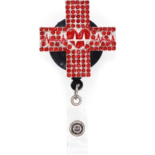 10pcs/lot Free Shipping Rhinestone Red Cross Medical Sign Badge Holder Electrocardiogram Nurse Badge Reel
