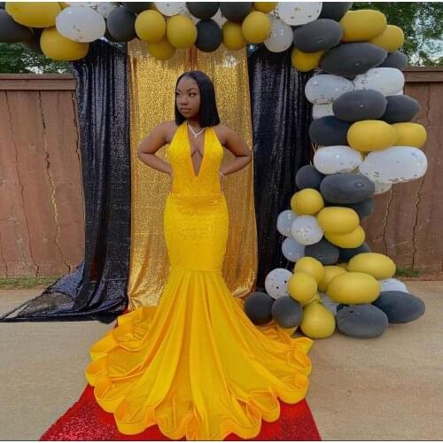 African Black Girls Prom Dresses Mermaid Halter Neck Sleeveless Applique Ruffles Satin Sweep Train Plus Size Women Party Gowns