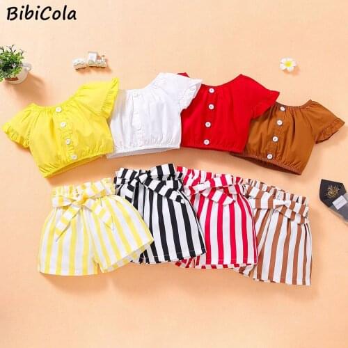 BibiColaChildrens clothing Toddler Kids Baby Girls Ruffle Off Shoulder Button TShirt Tops Striped Print Shorts Outfits Set 2-5Y
