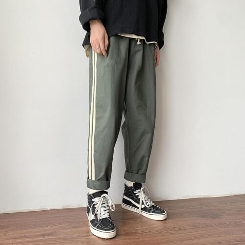 Pants Men Track Pants Side Stripe Loose Casual Streetwear Pants Ankle length Trousers Black