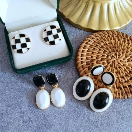 Black And White Enamel Stud Earrings, Geometric Bricons Holidays Jewelry Female New
