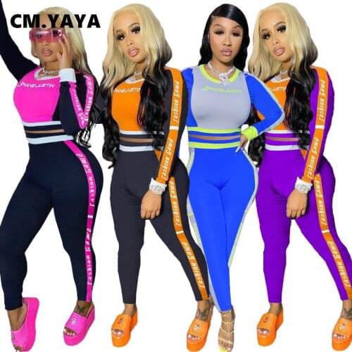 CM.YAYA Sports Letter Print Patchwork Womens Set Long Sleeve Tee Legging Pants Set Tracksuit Two Piece Outfit Active Sweatsuit