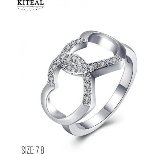 KITEAL NEW!! silver plated White size 7 8 women ring Crystal double heart Valentines Day gift aneis jewellery
