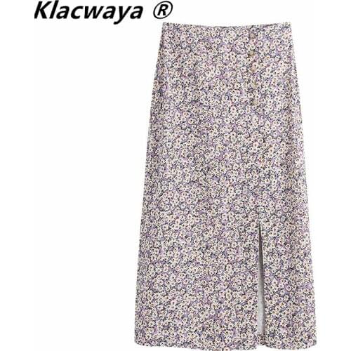 Klacwaya Women 2021 Chic Fashion With Buttons Floral Print Midi Skirt Vintage High Waist Vents Hem Female Skirts Mujer
