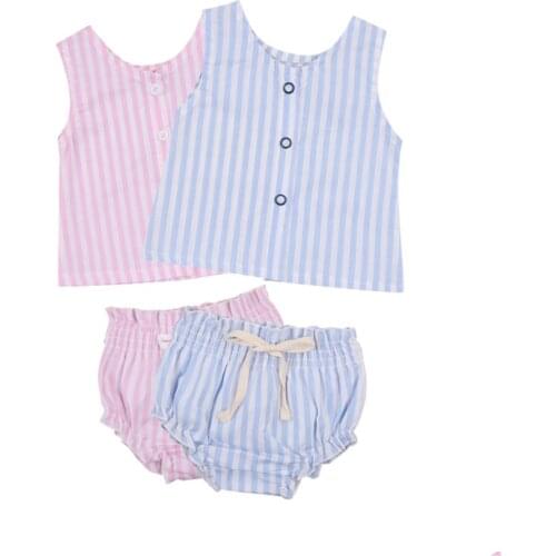 0-24M Summer Casual Newborn Kids Baby Girl Clothes Cotton Linen Stripe Sleeveless Tops+Shorts Pants Outfits Set