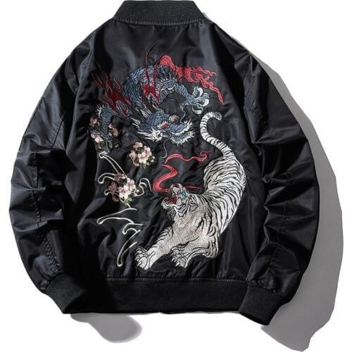 Embroidery Mens Bomber Jacket Dragon Tiger Autumn Winter Pilot Jacket Men Hip Hop Japanese Baseball Youth Jacket Streetwear 2020