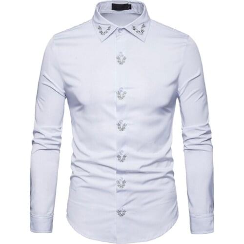 Mens Embroidery Dress Shirts Slim Fit Long Sleeve Shirt 2021 New Casual Button Down Formal Shirts for Business Man