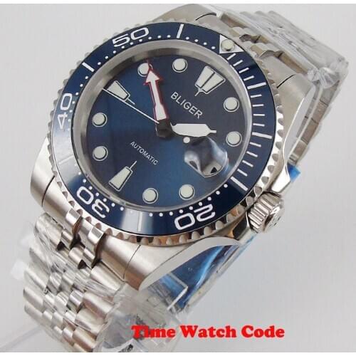 BLIGER Blue dial 40mm Automatic Movement Mens Wristwatch Sapphire Glass SS Band Date Window blue ceramic bezel luminous hands
