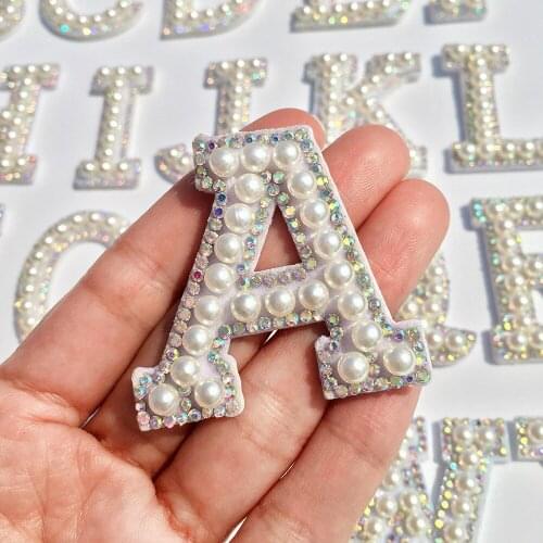 Letters Pearls Patches Stickers Iron on Clothes Heat Transfer Rhinestone DIY Applique Embroidered Application Cloth Fabric Patch