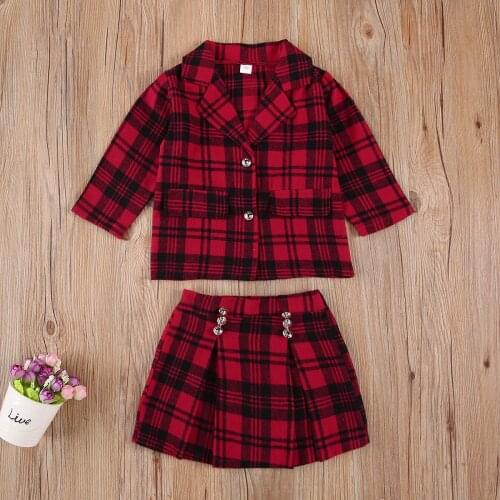 New Girl Skirt Two Piece Suit Fashion Plaid Lapel Long Sleeve Suit Jacket and A-line Pleated Short Skirt For 1-6Y Girl