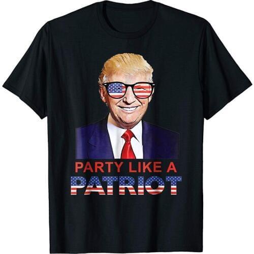 Party Like A Patriot Donald Trump In Sunglasses Usa New 2019 Fashion Hot Fashion T Shirt Brand Concert T Shirts