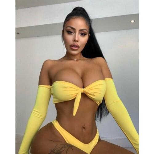 Sexy Women Bikinis Set Off Shoulder Low Waist Biquinis Summer Solid Swimsuits Bandeau Padded Bra Panties Bathing Suit Beachwear