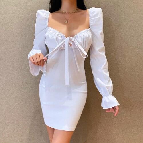 Elegant Solid White V Neck Puff Sleeve Women Dress High Waist Bandage Mini Pencil Dress Autumn Sexy Wrap Dress Vestidos 2021