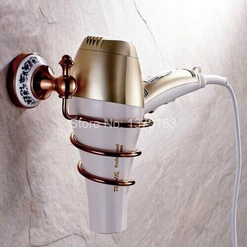 Luxury Rose Golden Gold Color Copper Ceramics Base Wall Mounted Bathroom Bath Hair Dryer Holder Bathroom Accessory aba388