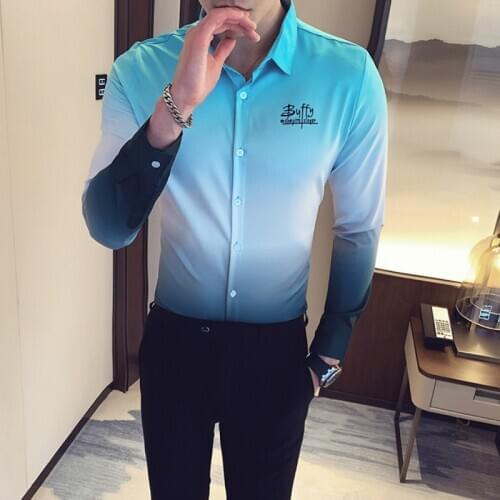 2020 Gradient Shirt Men Long Sleeve Korean Casual Slim Fit Mens Dress Shirts Formal Social Blouse Streetwear Camisa Masculina