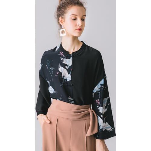 Natural Silk Chinese Style Top 100% Mulberry Silk Women Flare Sleeve Blouses M L XL FREE SHIPPING