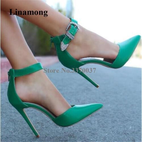 Women Elegant Fashion Pointed Toe Stiletto Heel Pumps Green Leather Ankle Strap Metal Buckles High Heels Formal Dress Shoes
