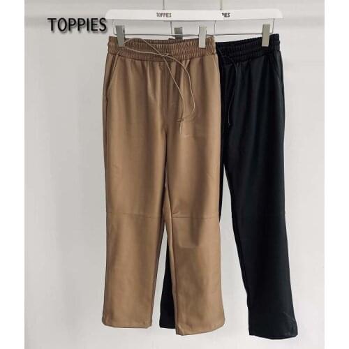 Toppies 2021 Winter Fleece Pu Leather Pants Women High Waist Straight Pants solid color spliced trousers streetwear