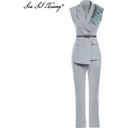 Seasixiang Fashion Designer Summer Set Women Sleeveless Crystal Sashes Tops + Pencil Pants Solid Two Piece Suit