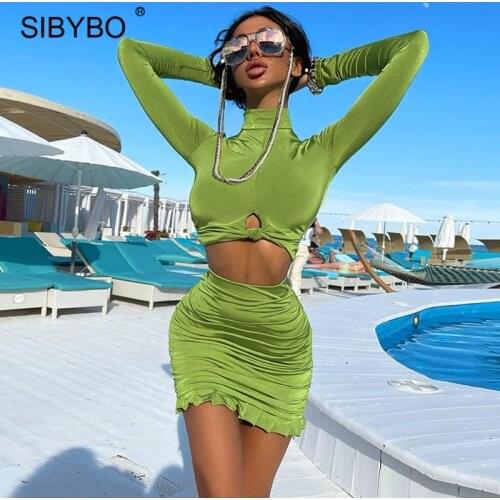 Sibybo Green Hollow Out Two Pieces Set Women Skirt Outfits Sexy Long Sleeve Turtleneck Tshirt Top And Mini Skirts Matching Sets
