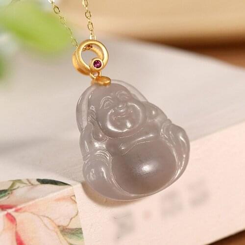 S925 sterling silver gold-plated natural Hetian smoke mauve jade pendant vintage Maitreya Buddha womens necklace pendant